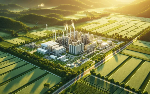 Global bioplastics market growth visualization with modern manufacturing plant