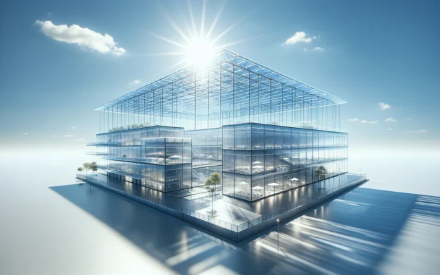 Transparent bioplastic cooling film on building rooftop reflecting sunlight