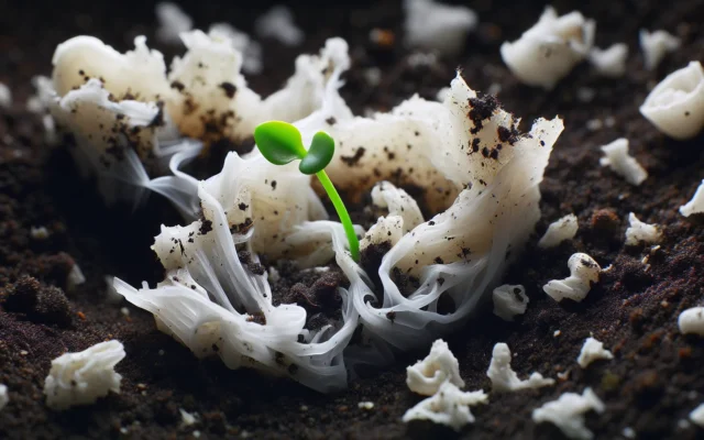 Biodegradable milk-based plastic material dissolving in soil with plant growth