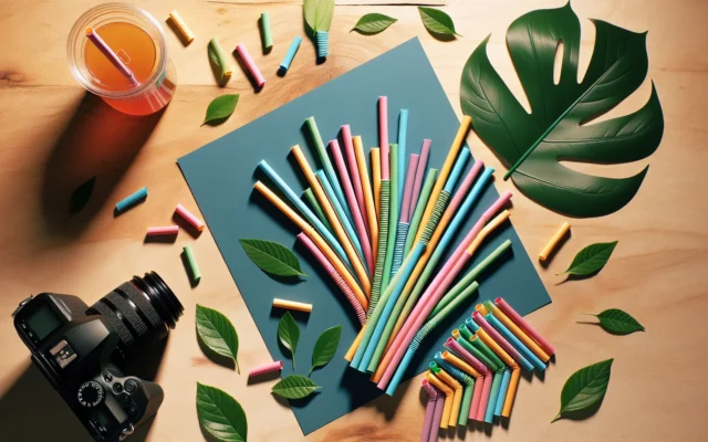 Plant-based PHA drinking straws by CJ Biomaterials on natural wooden surface