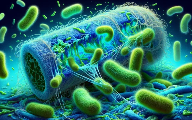 Microscopic view of bacteria breaking down nylon fibers for recycling