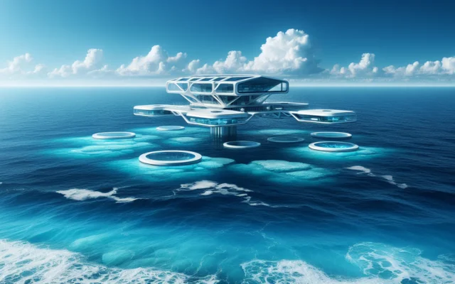 Futuristic ocean platform converting CO2 from seawater into bioplastic