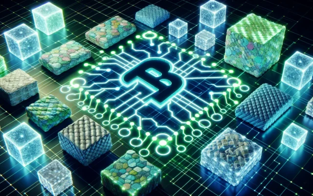 Blockchain network visualization overlaid on biodegradable packaging materials