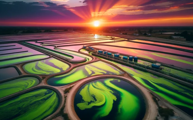 Green algae cultivation ponds at sunset for bioplastics production