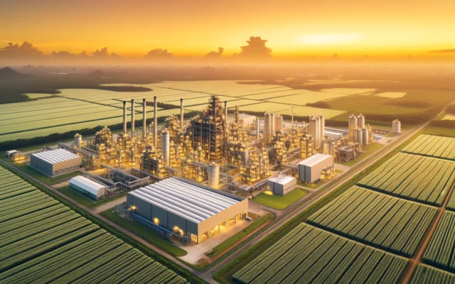 Architectural rendering of bioplastics mega-plant in India with sugarcane fields
